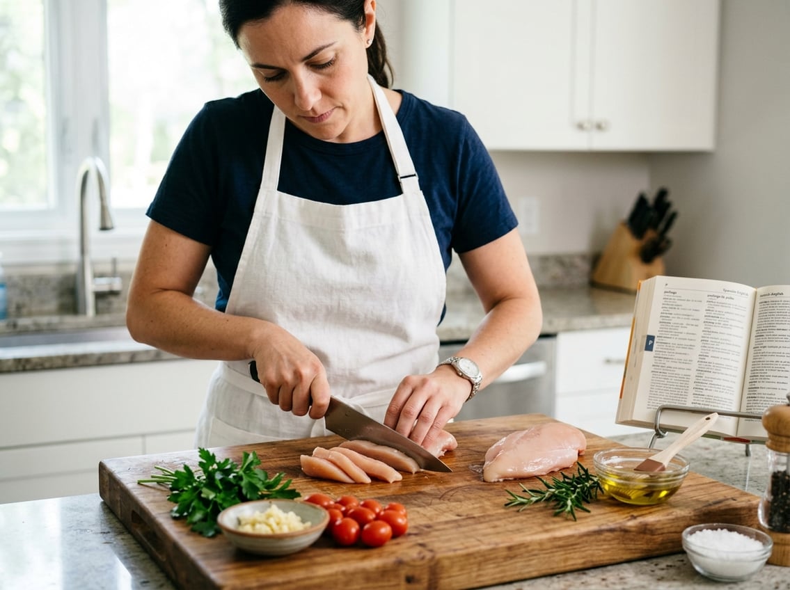 A person slicing raw chicken breast on a cutting board in a bright kitchen with fresh ingredients nearby and a Spanish-English dictionary in the background.