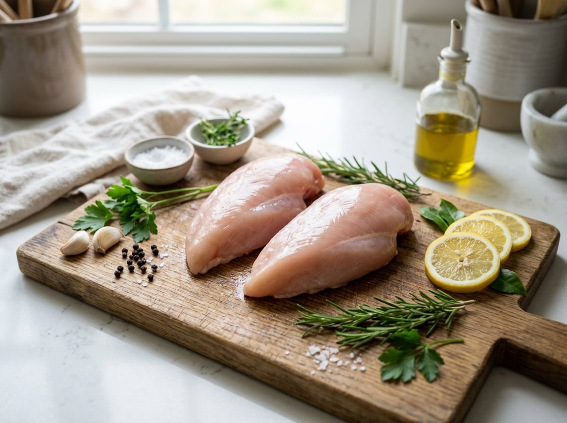 Fresh raw chicken breasts on a wooden cutting board with herbs, garlic, and lemon slices on a kitchen countertop.