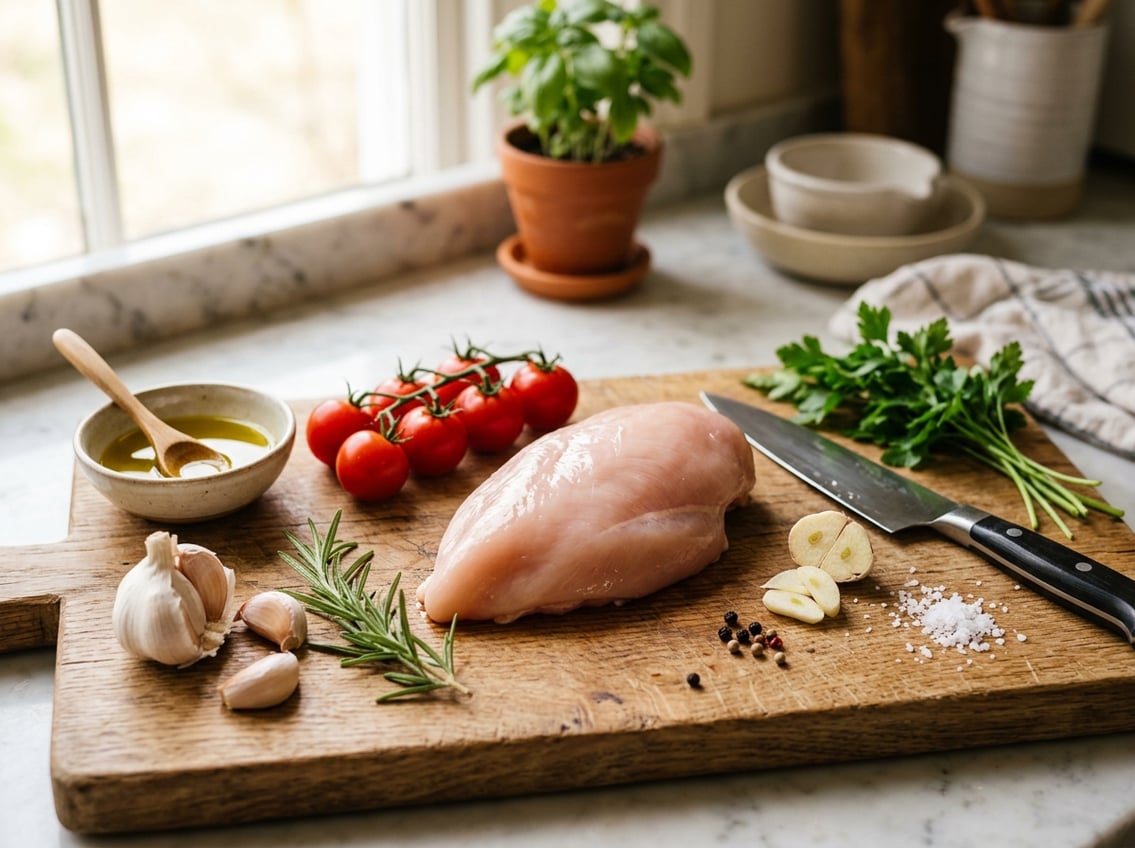 Fresh raw chicken breast on a wooden cutting board surrounded by garlic, rosemary, cherry tomatoes, and olive oil in a bright kitchen.