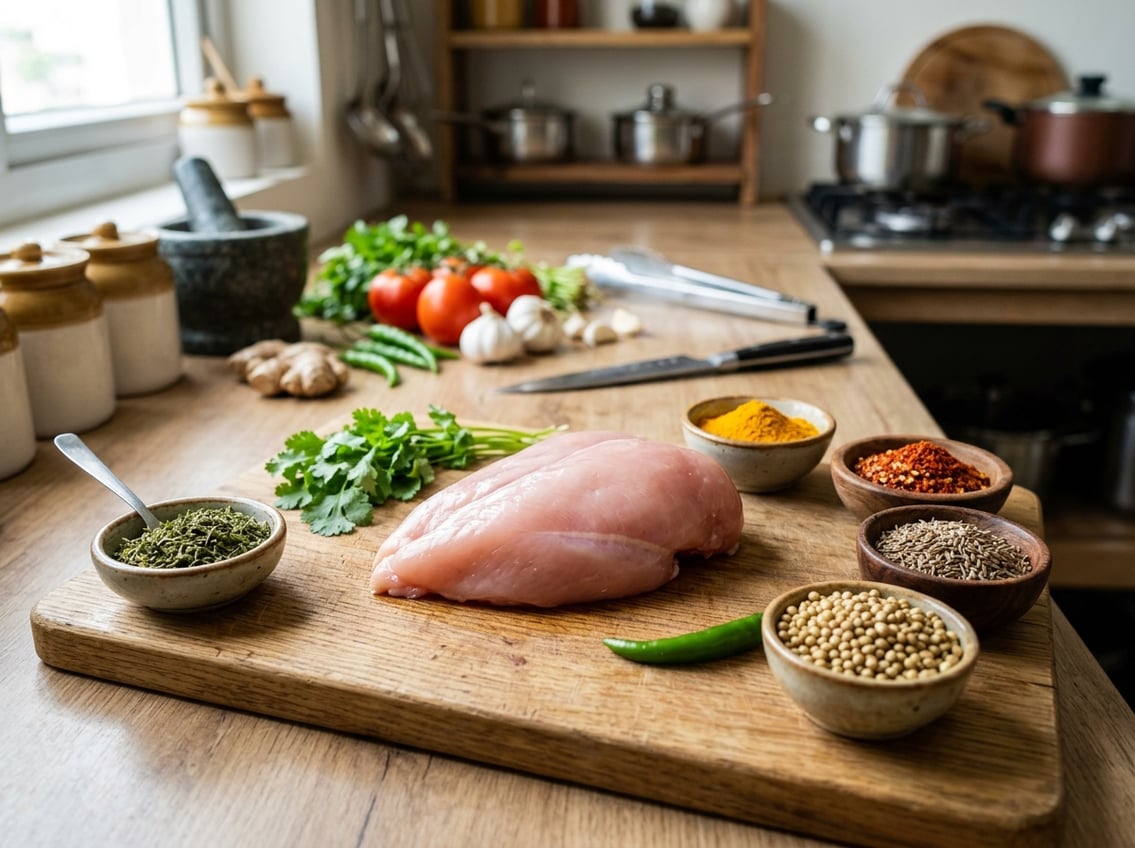 A fresh raw chicken breast on a wooden cutting board surrounded by Indian spices and fresh vegetables in a kitchen setting.