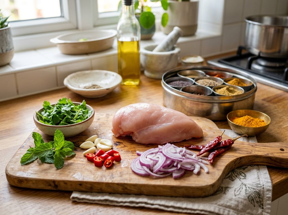 Fresh raw chicken breast on a wooden cutting board surrounded by herbs, spices, and cooking ingredients in a bright kitchen.