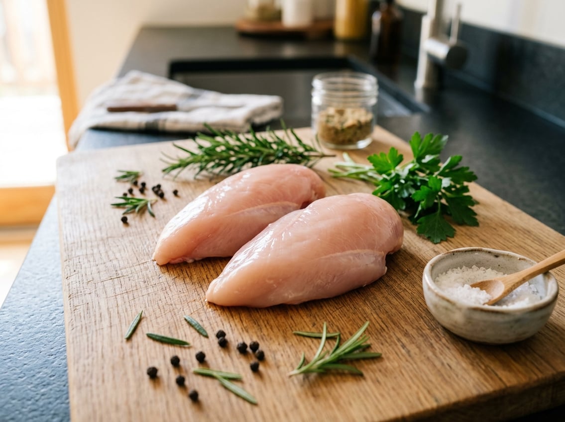 Close-up of raw chicken breasts on a wooden cutting board surrounded by fresh herbs and spices in a kitchen setting.