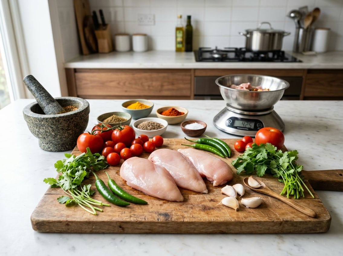 Fresh raw chicken breasts on a wooden cutting board surrounded by vegetables and spices in a kitchen setting.
