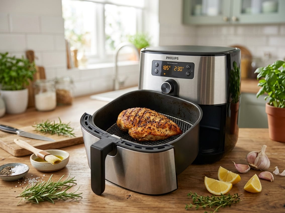 A whole chicken breast cooking inside an open air fryer on a kitchen countertop with fresh herbs and lemon wedges nearby.