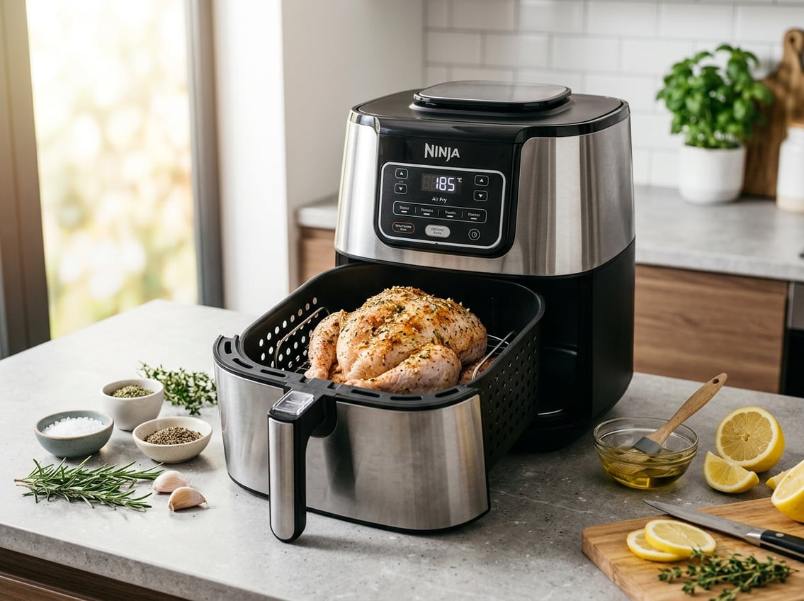 A whole chicken breast seasoned and placed inside an open air fryer basket on a kitchen countertop with fresh herbs and spices nearby.