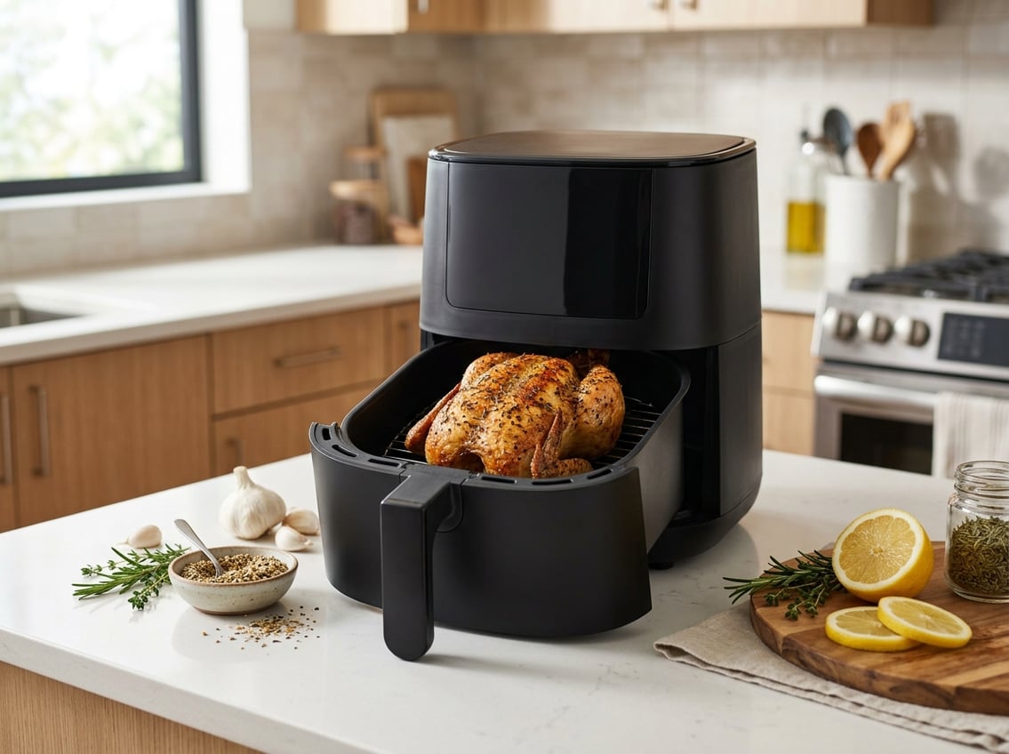 A whole cooked chicken breast inside an open air fryer on a kitchen countertop with fresh herbs and ingredients nearby.