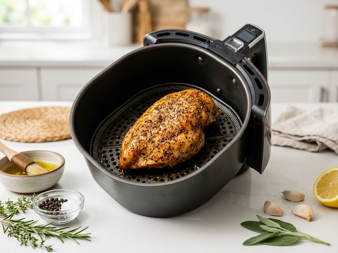 A whole cooked chicken breast inside an open air fryer basket on a kitchen countertop with fresh herbs and spices around.