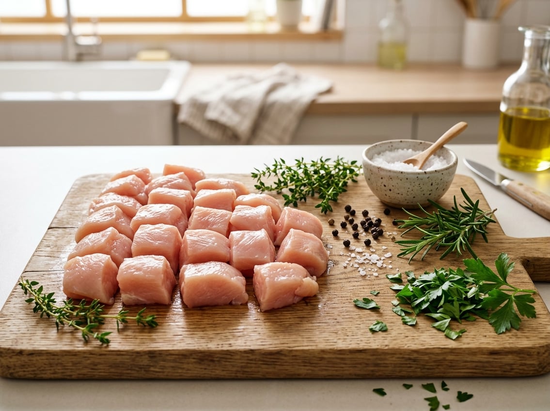 Close-up of raw chicken breast pieces on a wooden cutting board with fresh herbs and spices in a kitchen setting.