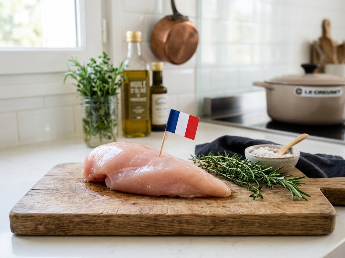 A fresh raw chicken breast on a wooden cutting board with herbs and a small French flag in a bright kitchen.