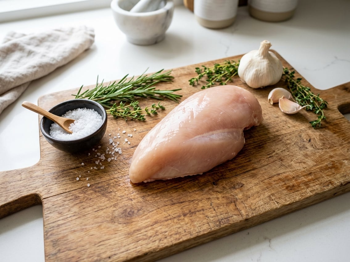 Raw chicken breast on a wooden cutting board surrounded by fresh herbs, salt, and garlic on a kitchen countertop.