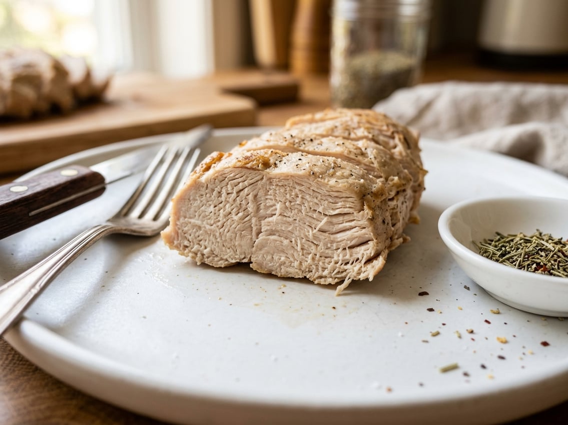 Close-up of a cooked chicken breast on a plate showing its firm texture, with cutlery and herbs nearby.