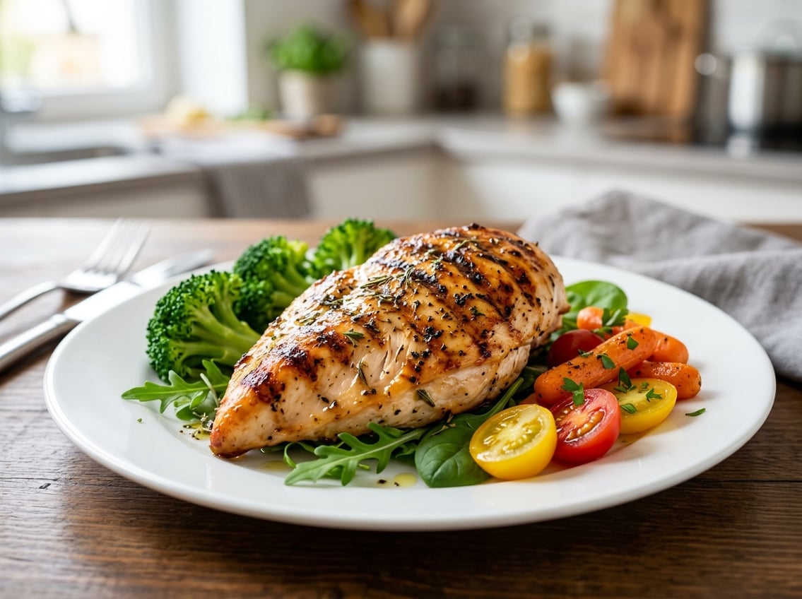 Close-up of a cooked chicken breast with vegetables on a plate in a kitchen setting.