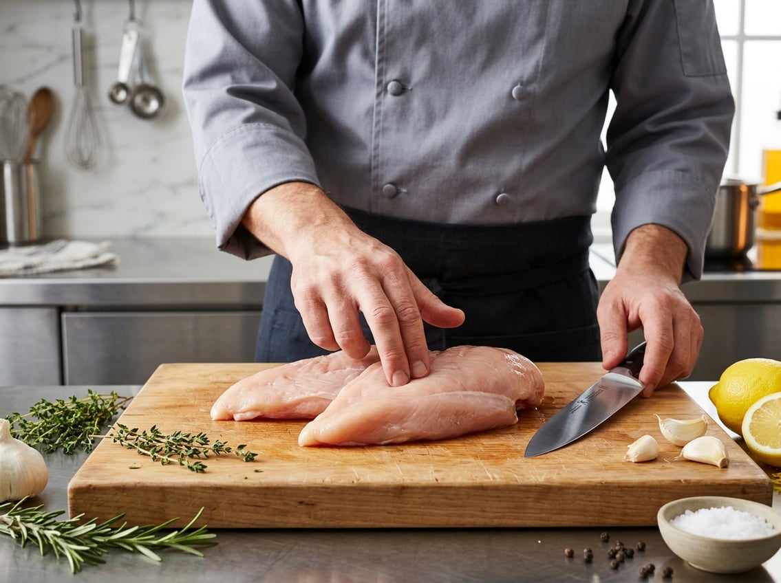 Close-up of raw chicken breasts on a cutting board with hands inspecting the meat in a modern kitchen setting.