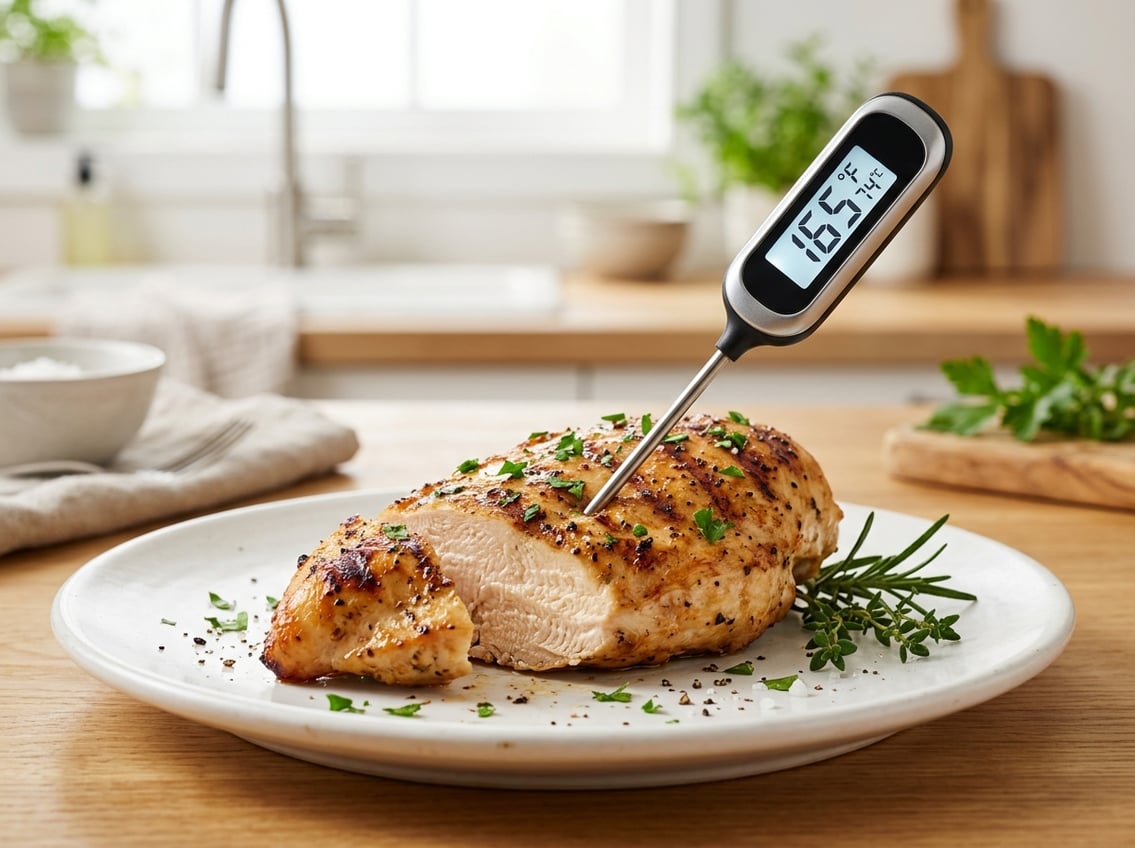 A cooked chicken breast on a white plate with a digital thermometer showing the safe internal temperature inserted into the meat.