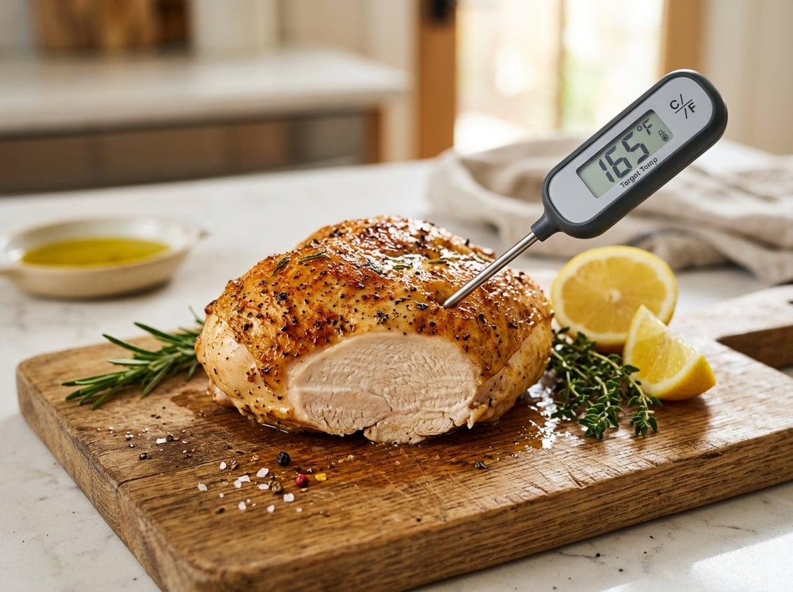 Close-up of a cooked chicken breast on a cutting board with a digital meat thermometer inserted, in a kitchen setting.