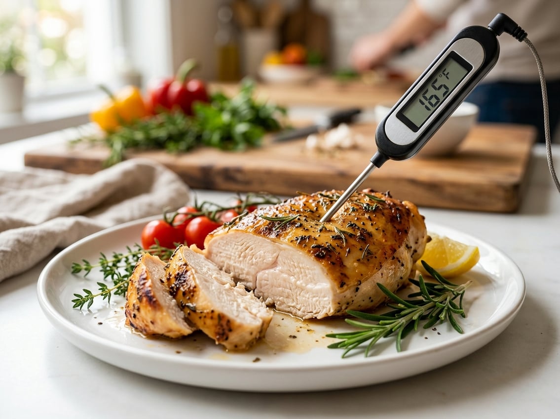 A sliced cooked chicken breast on a white plate with a meat thermometer showing the temperature inserted into it, surrounded by fresh herbs.