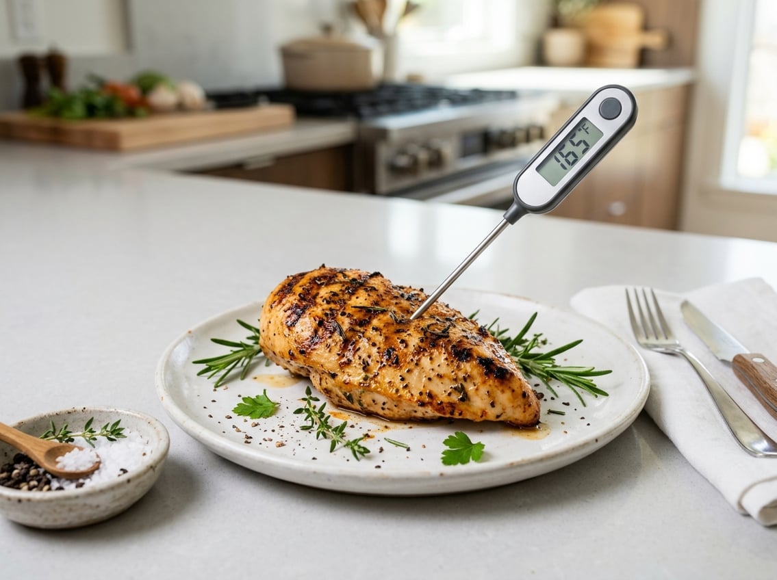 A cooked chicken breast on a plate with a food thermometer showing the temperature, surrounded by fresh herbs on a kitchen countertop.