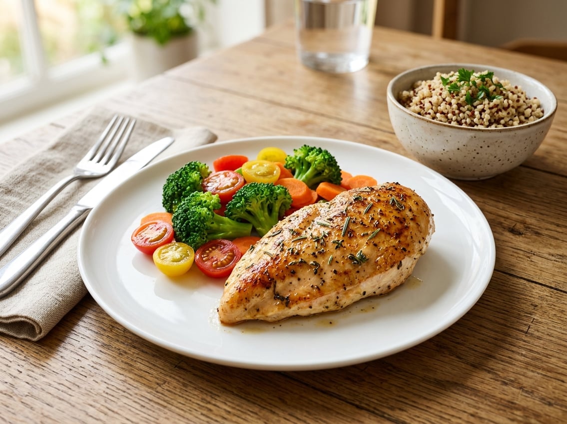 A cooked chicken breast served on a white plate with colorful vegetables on a wooden table.