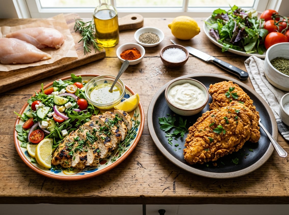 Two plates of cooked chicken breast on a kitchen countertop, one grilled with salad and the other fried with sauce, surrounded by fresh ingredients.