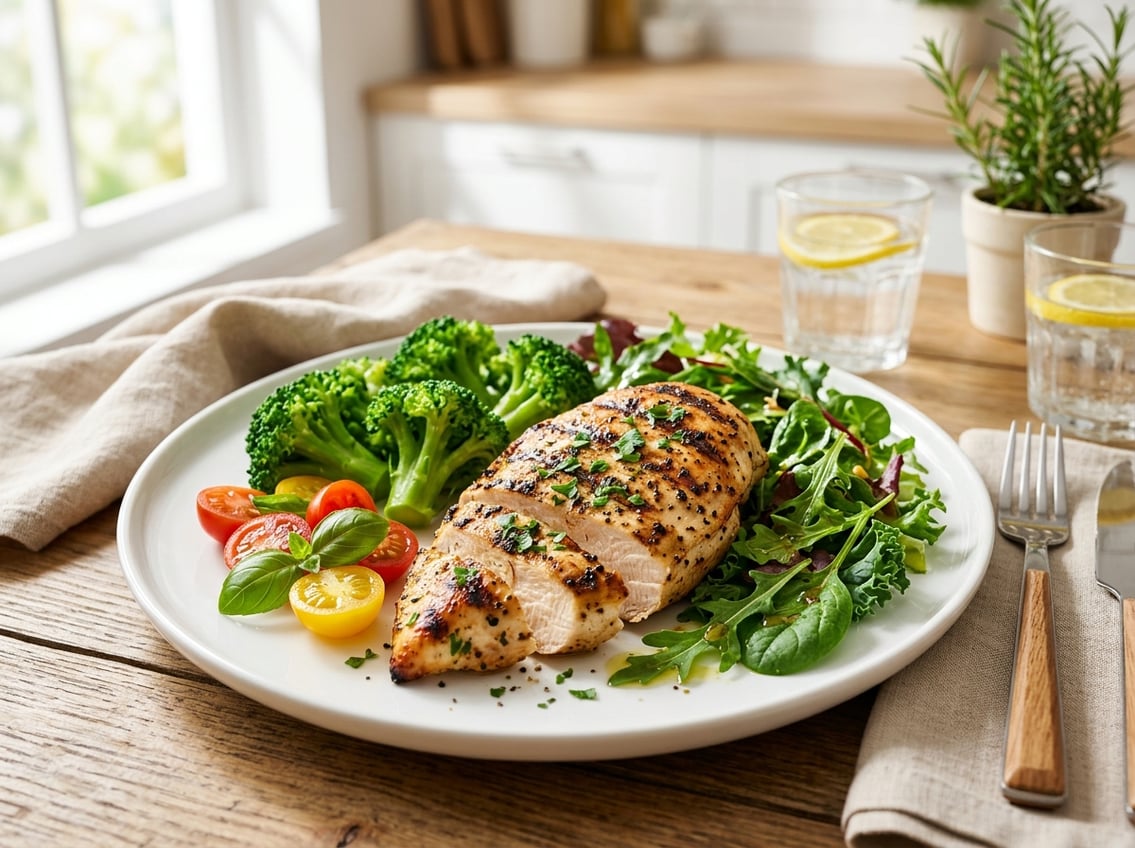 A plate with grilled chicken breast and fresh vegetables on a kitchen table.
