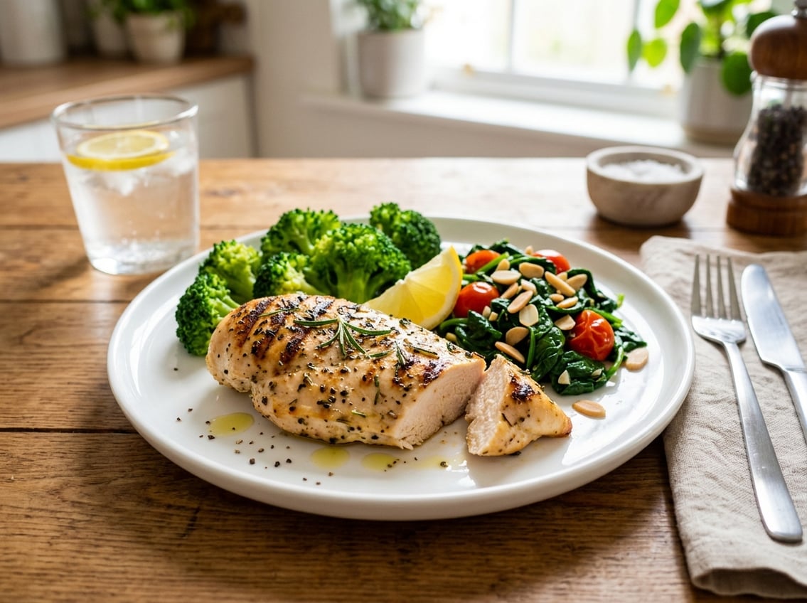 A plate with grilled chicken breast and fresh green vegetables on a wooden table.