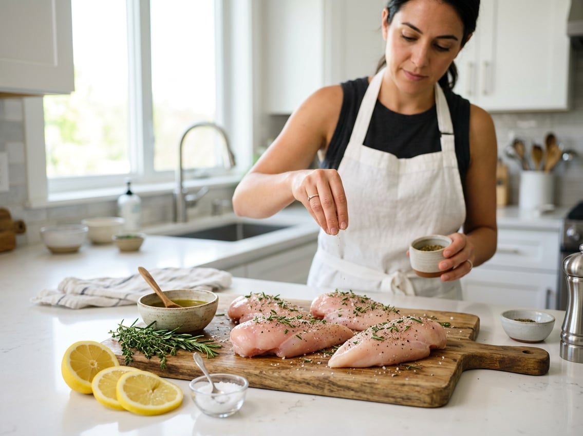 Fresh raw chicken breasts on a cutting board with herbs and lemon in a kitchen, with a person seasoning the chicken in the background.