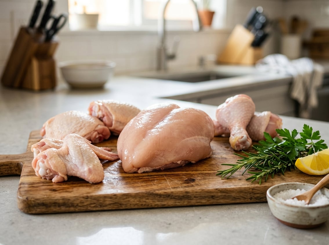 A wooden cutting board with fresh raw chicken breast surrounded by other chicken cuts, fresh herbs, and a lemon wedge on a kitchen countertop.