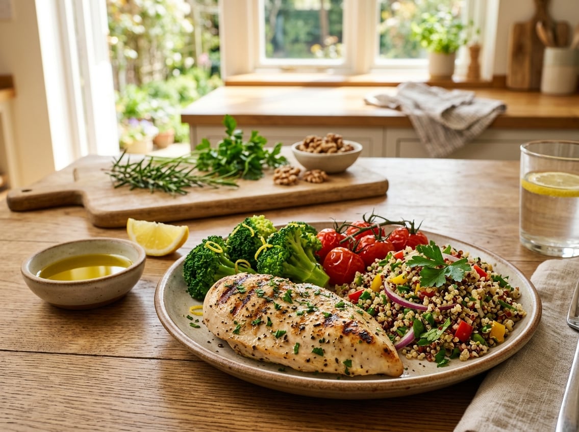 A plate with grilled chicken breast, steamed broccoli, cherry tomatoes, and quinoa salad on a kitchen table with natural light and fresh herbs in the background.