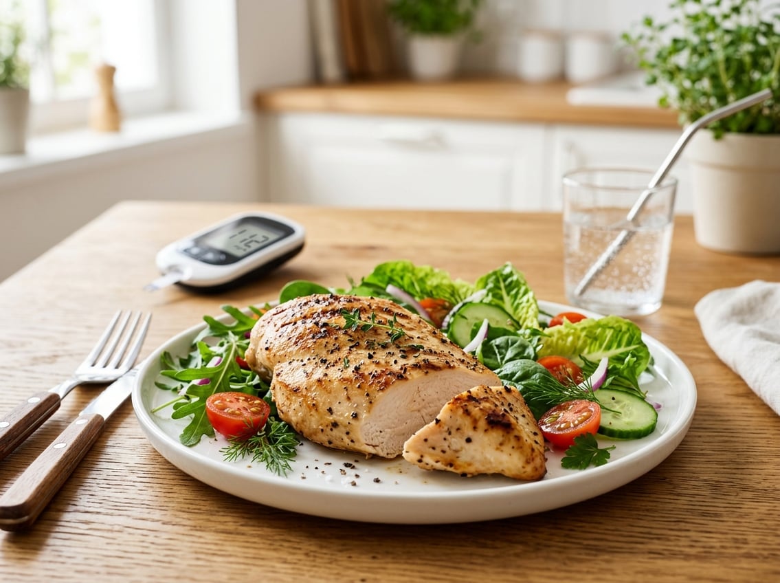 Cooked chicken breast on a plate with fresh vegetables on a wooden table, with a glucose meter and glass of water in the background.