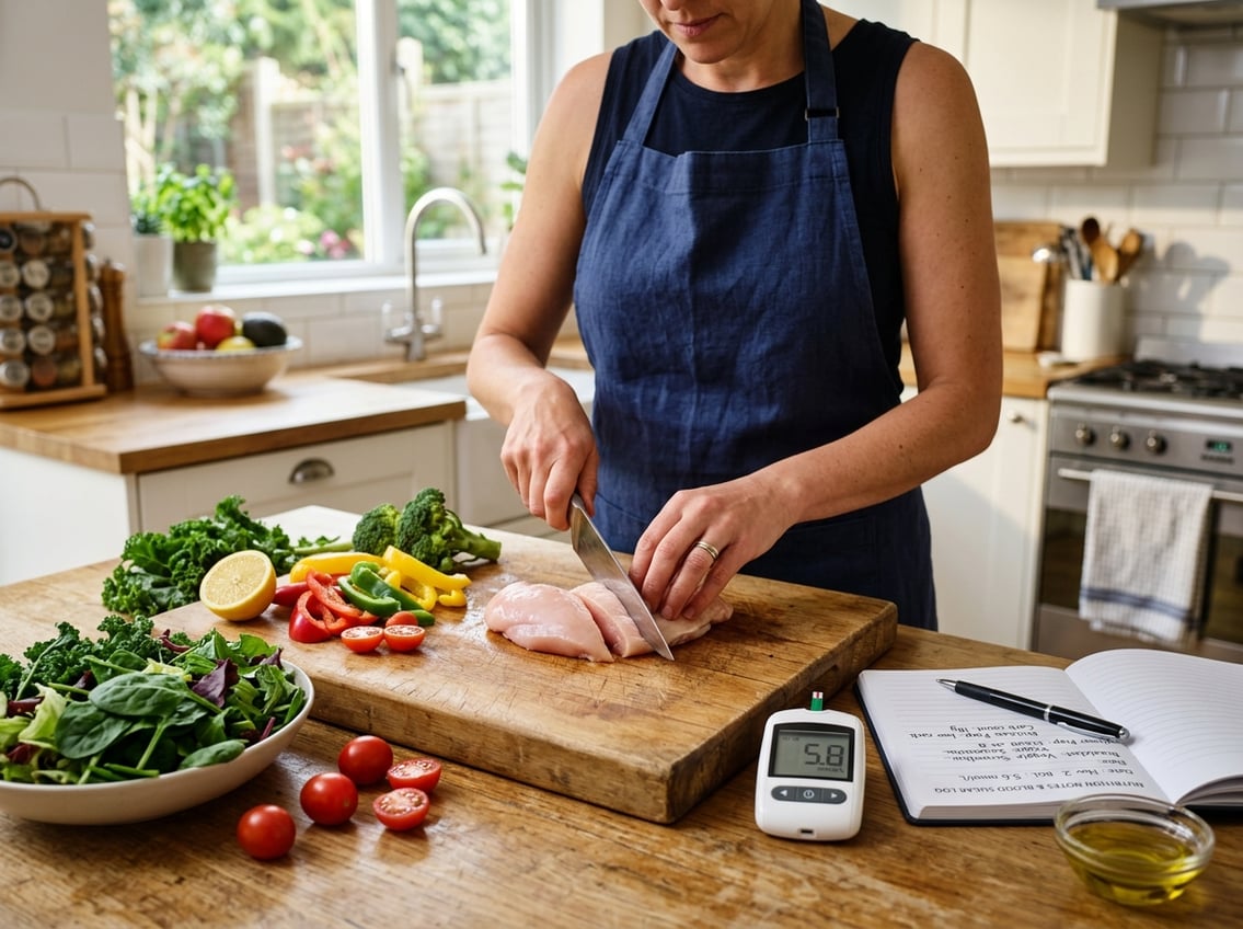 Hands slicing raw chicken breast on a cutting board with fresh vegetables and a glucose meter nearby in a bright kitchen.