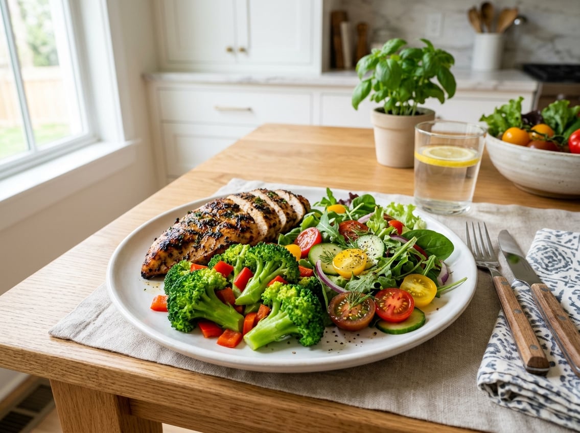 A plate with grilled chicken breast and a variety of fresh vegetables on a dining table.