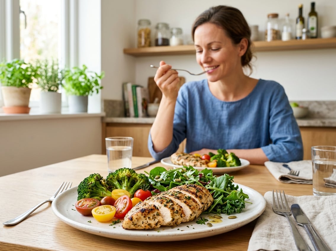 A plate with grilled chicken breast and fresh vegetables on a table in a bright kitchen, with a person in the background preparing or enjoying the meal.