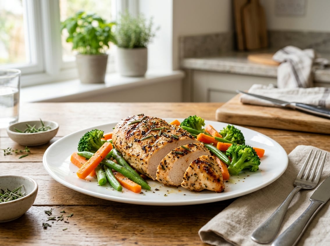 A cooked chicken breast on a white plate with steamed vegetables on a table in a bright kitchen.