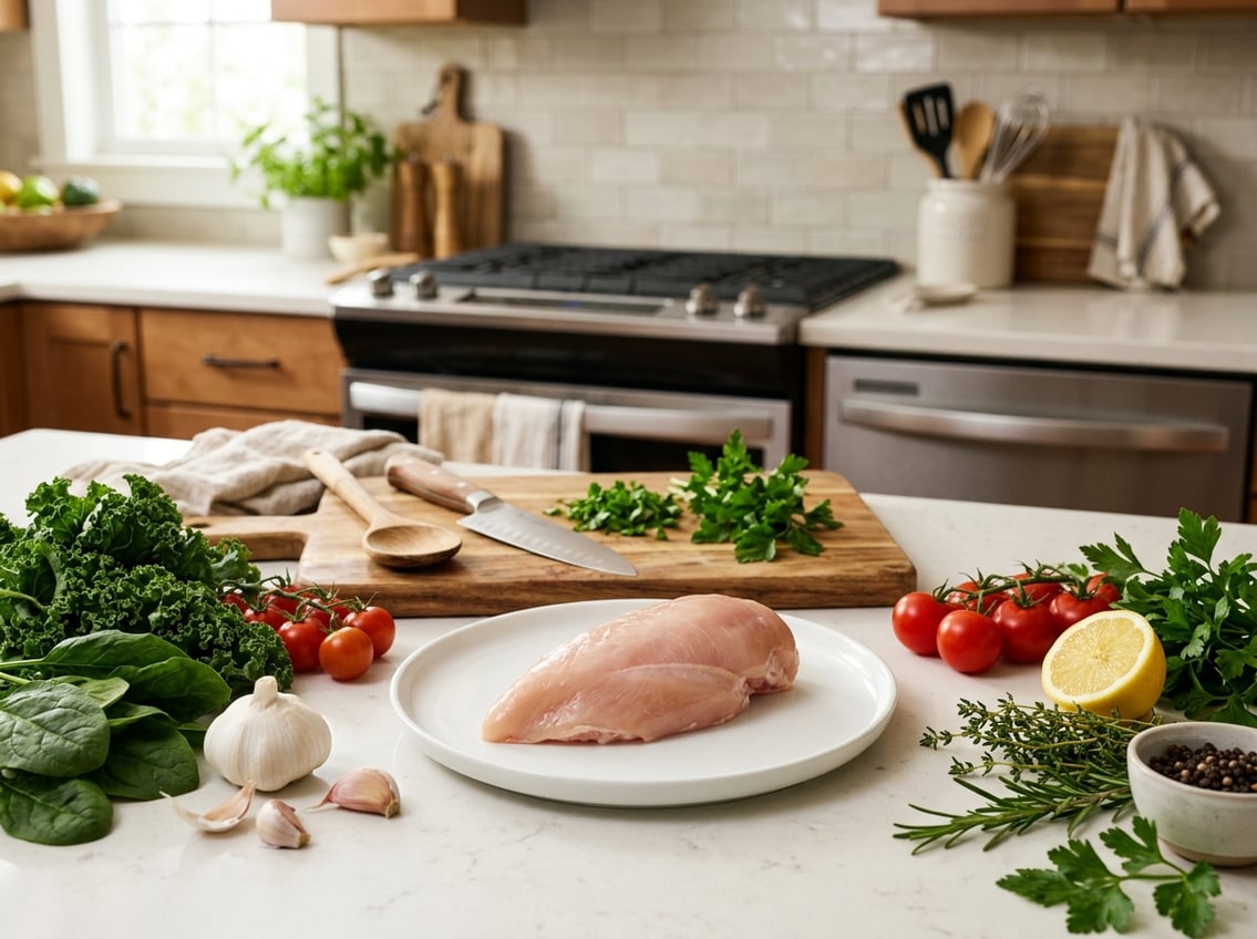 Raw chicken breast on a white plate surrounded by fresh vegetables on a kitchen countertop.