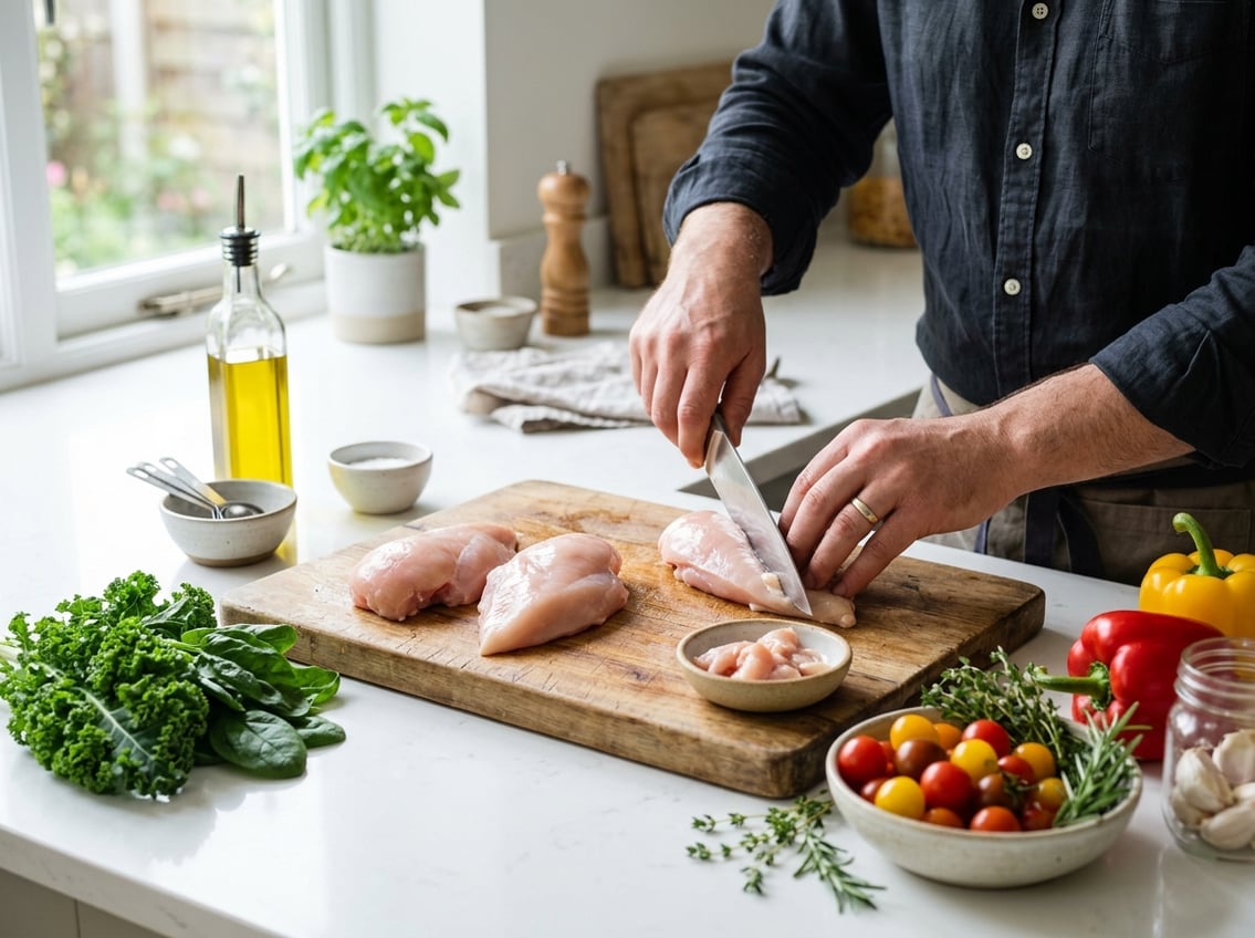 Hands preparing raw chicken breasts on a cutting board surrounded by fresh vegetables and kitchen tools on a bright kitchen countertop.