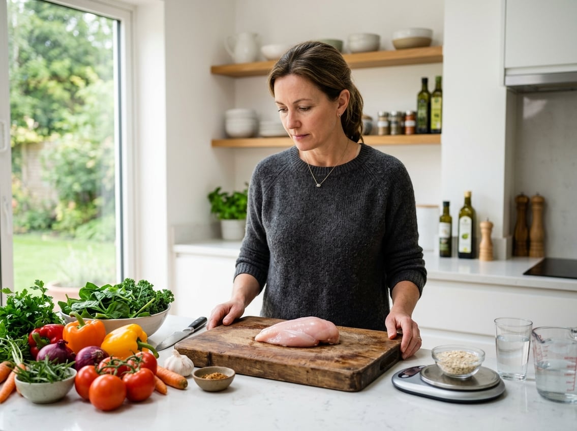 A middle-aged woman in a kitchen looking thoughtfully at a raw chicken breast on a cutting board surrounded by fresh vegetables.