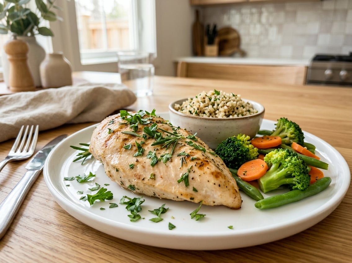 A cooked chicken breast on a white plate with steamed vegetables and a small bowl of grains on a bright dining table.