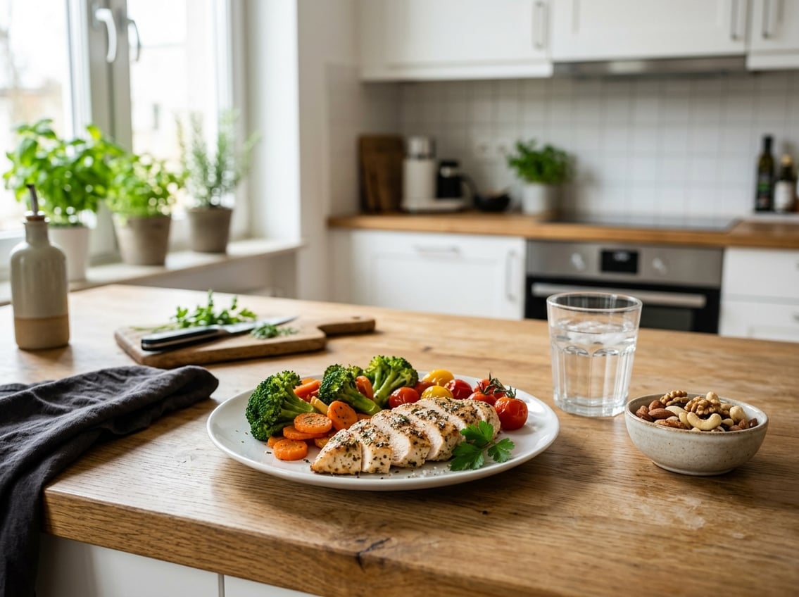 A kitchen countertop with cooked chicken breasts, fresh vegetables, a glass of water, and a bowl of nuts arranged neatly.