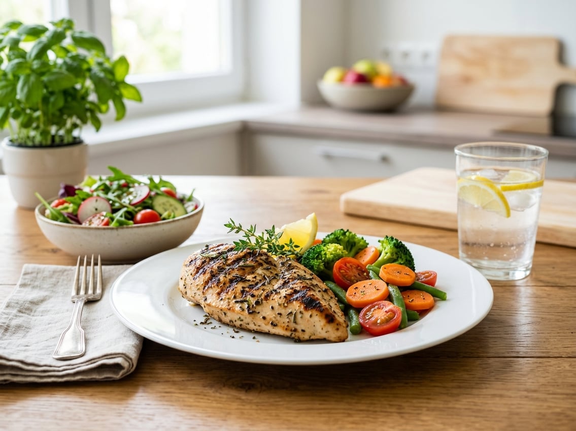 A plate with grilled chicken breast and steamed vegetables on a table in a bright kitchen setting.