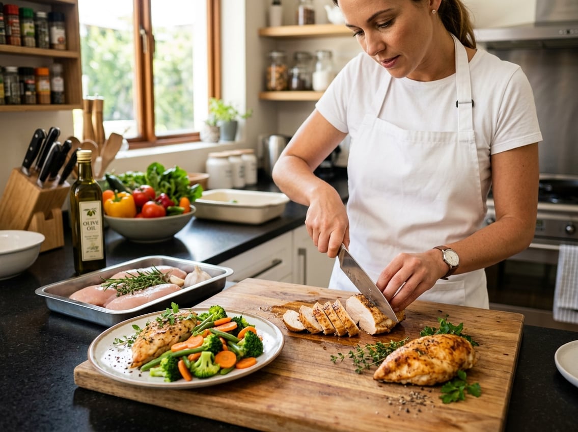 A person slicing a cooked chicken breast on a cutting board in a kitchen with fresh vegetables and raw chicken nearby.