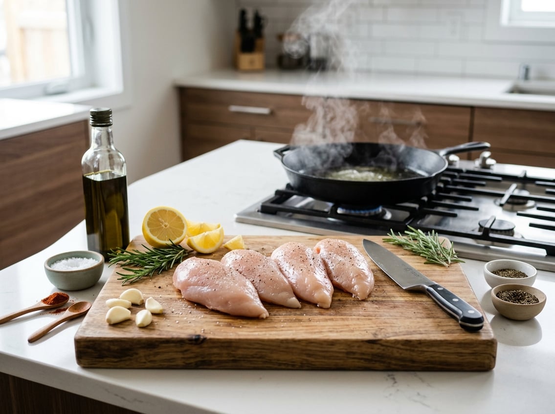 Raw chicken breasts on a cutting board with fresh ingredients and a frying pan on a stovetop in a kitchen.