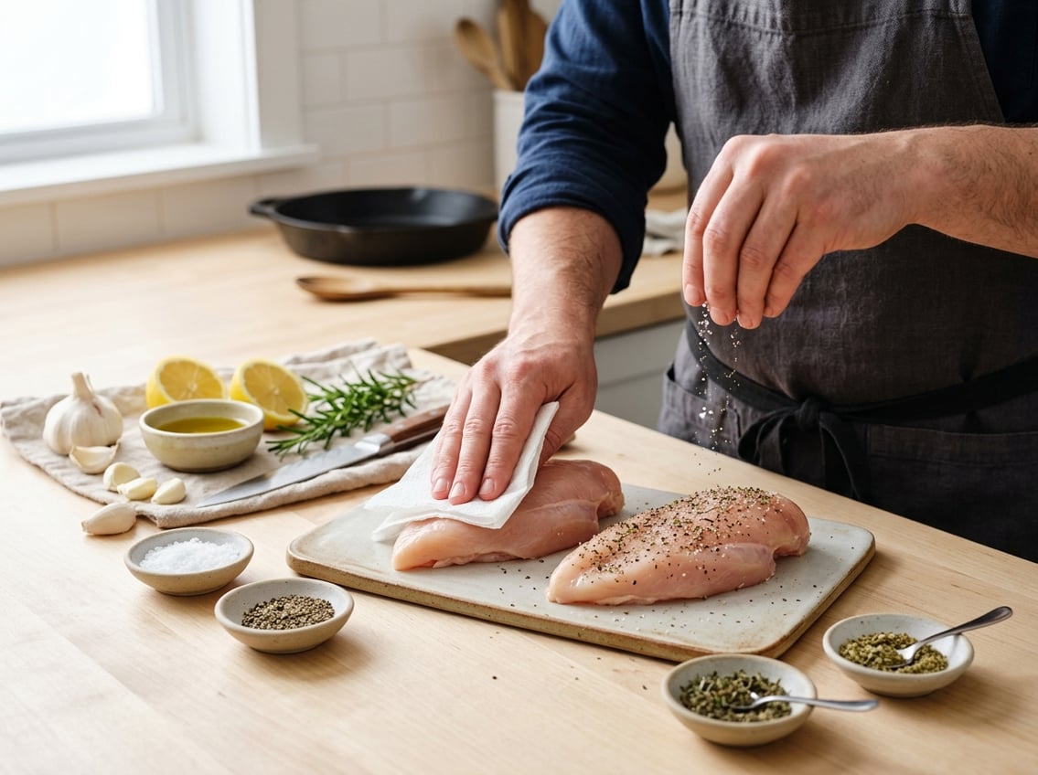 A kitchen countertop with raw chicken breasts being seasoned with herbs and spices, surrounded by fresh ingredients like garlic, lemon, and rosemary.