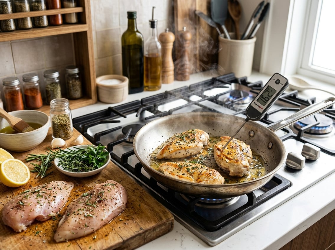 Close-up of chicken breasts being cooked on a skillet with a meat thermometer, surrounded by fresh herbs and cooking ingredients.