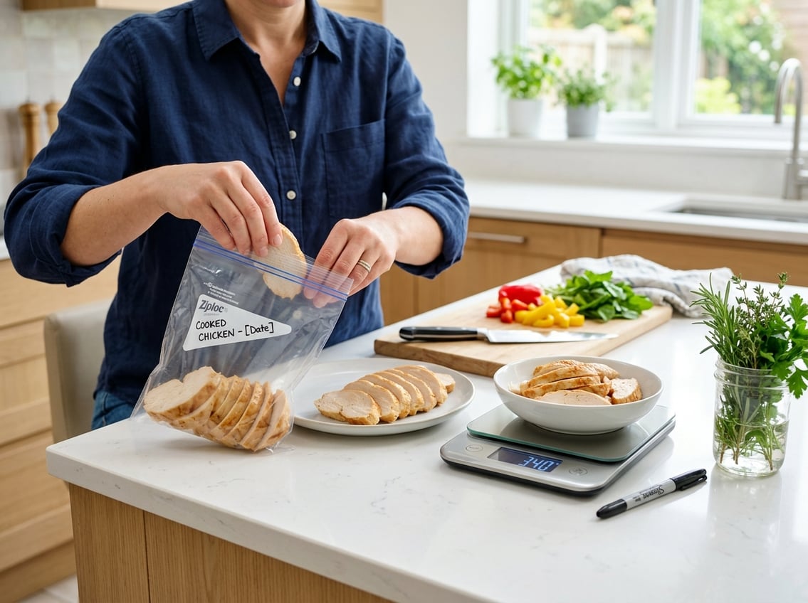 Hands placing cooked chicken breasts into a resealable freezer bag on a kitchen countertop with kitchen tools and fresh vegetables nearby.