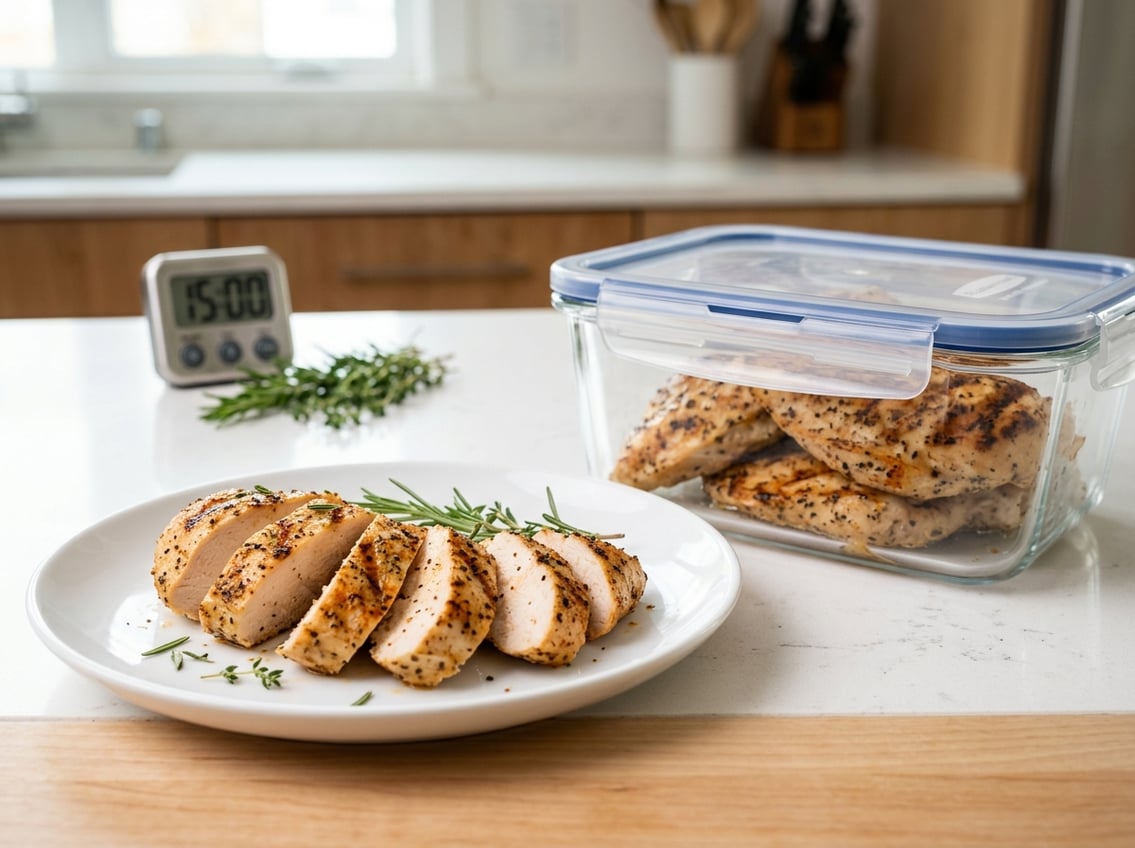 Cooked chicken breasts on a plate next to a sealed container of cooked chicken ready for freezing on a kitchen countertop.