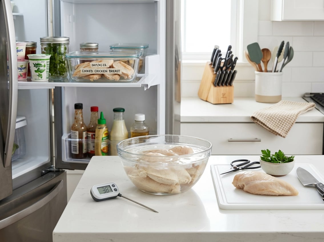 Cooked chicken breasts thawing safely in a bowl of cold water on a kitchen countertop, with an open refrigerator showing stored cooked chicken in containers.