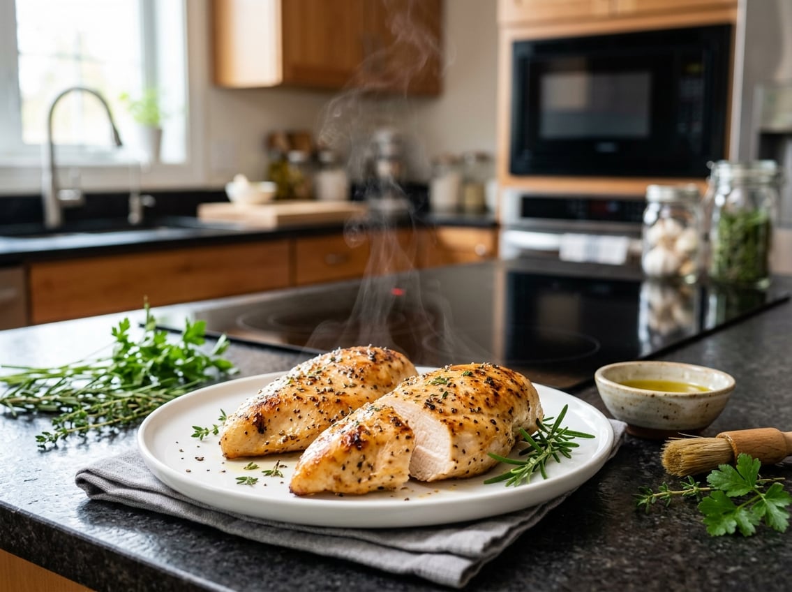 Close-up of juicy cooked chicken breasts on a plate with fresh herbs and kitchen appliances in the background.