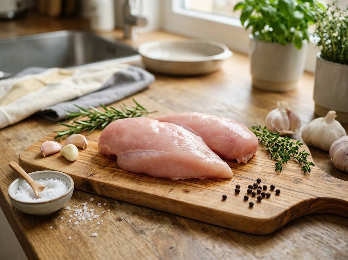 Close-up of raw chicken breast on a wooden cutting board with herbs and garlic in a kitchen setting.