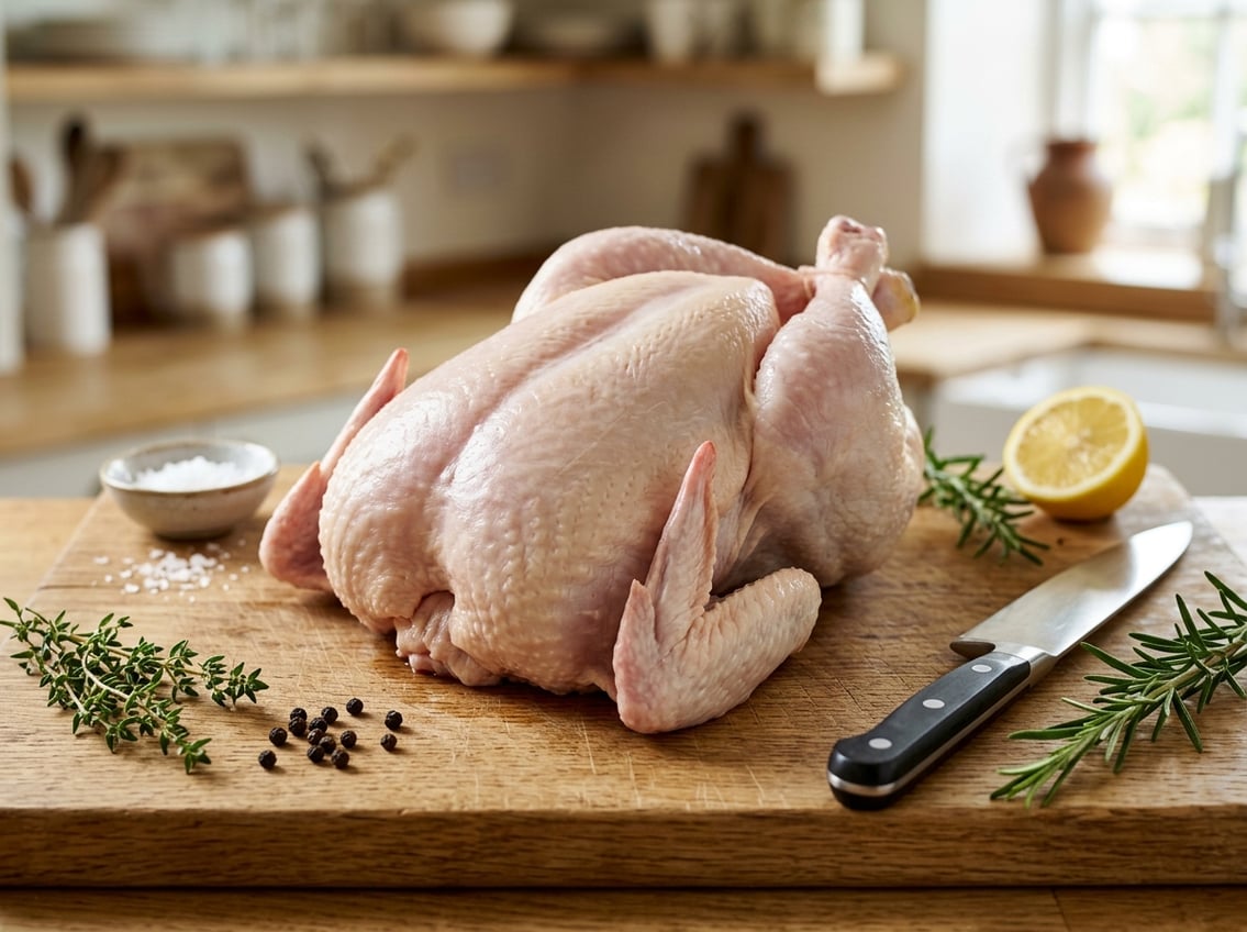 Close-up of a whole raw chicken on a wooden cutting board with fresh herbs and a chef's knife nearby.