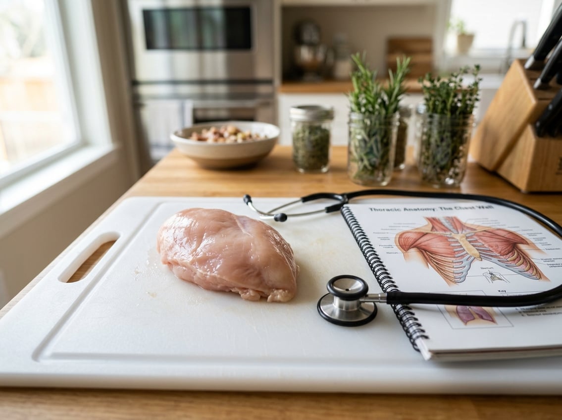Close-up of a raw chicken breast on a cutting board next to a stethoscope and a medical chart with chest anatomy illustrations.